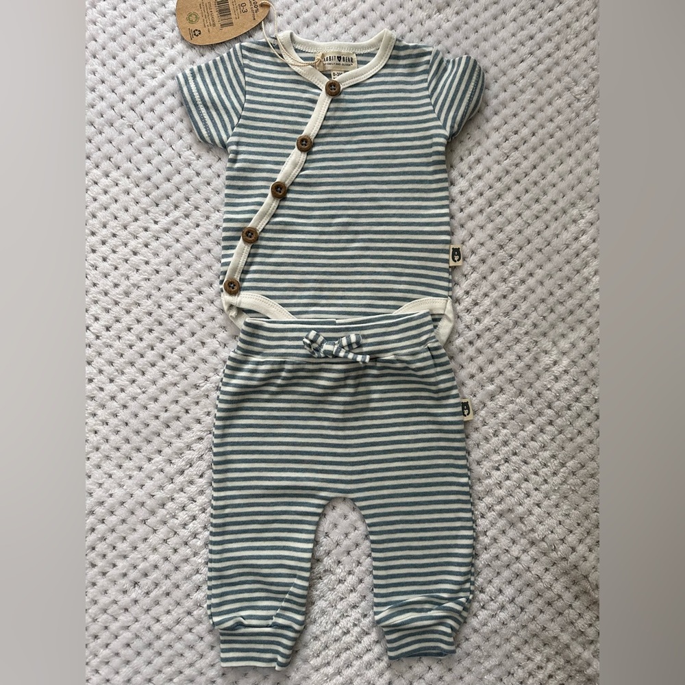Rabbit + Bear by Emily and Oliver blue & white striped short sleeve matching set